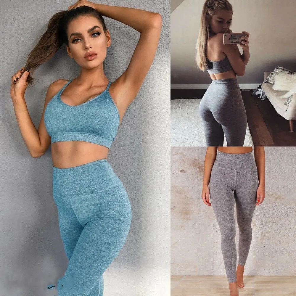 

2019 New Style Fashion Hot Women's Solid Casual Tracksuit Sweatshirt Bra Crop Top Pants Solid Set Sport Wear