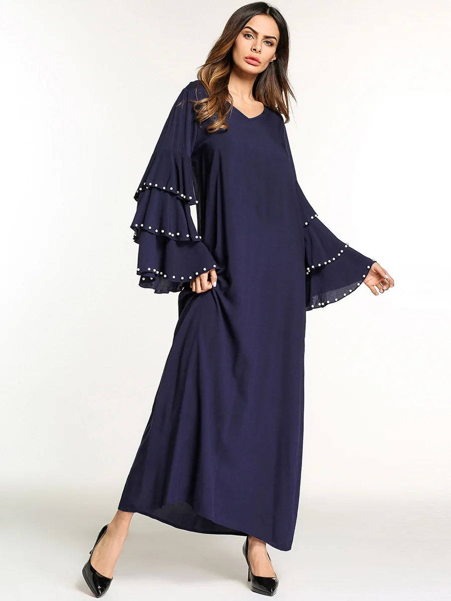 

2018 Dubai Islamic Abaya Arab Garment Beading Dress Turkey Full Length Muslim Women Dress Fashion Large Size 5722