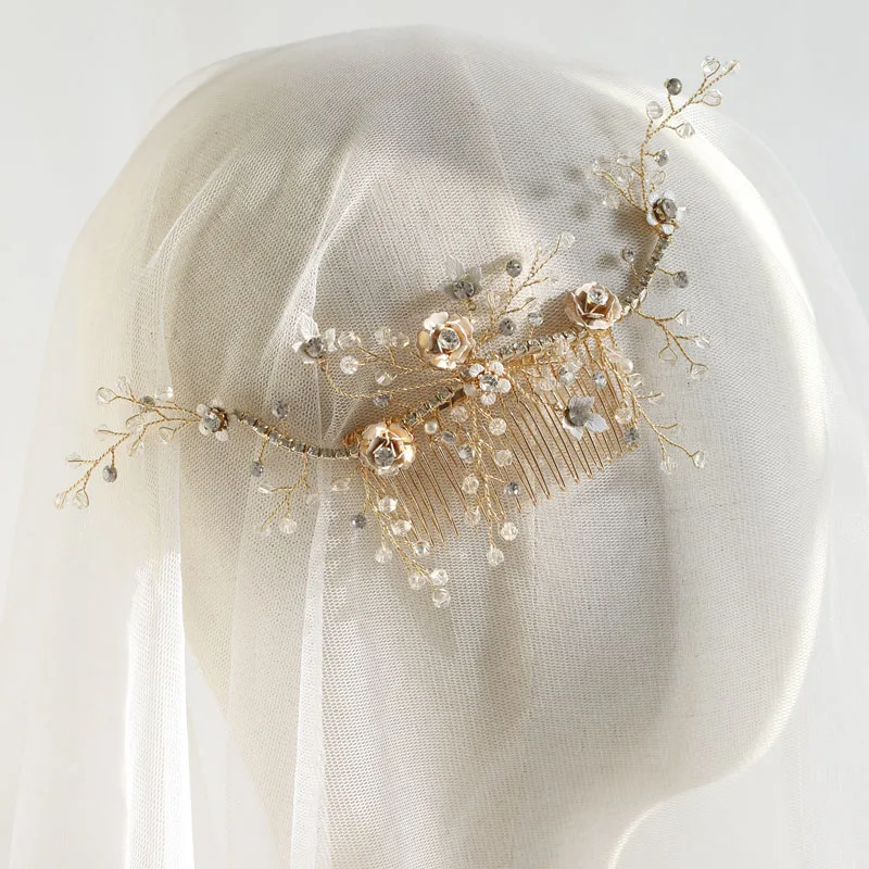 

Handmade Hairpins Floral Flower Headpiece Bridal Gold Hair Comb Piece Crystal Women Girl Headpiece Jewelry Wedding Accessories