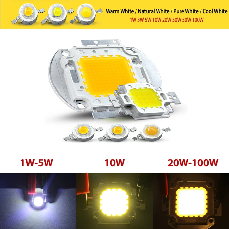 Высокомощный светодиодный чип, теплый чистый холодный белый свет, бисер 1 Вт 3 Вт 5 Вт 10 Вт 20 Вт 30 Вт 50 Вт 100 Вт, интегрированная матричная лампа COB