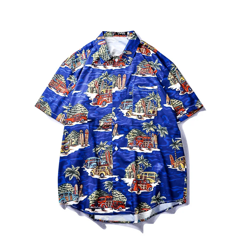 

Hawaii Style Coconut Tree Tropical bus Hip Hop Shirt Men Turn-down Collar Retro Short Sleeved Shirts for Mens S-2XL