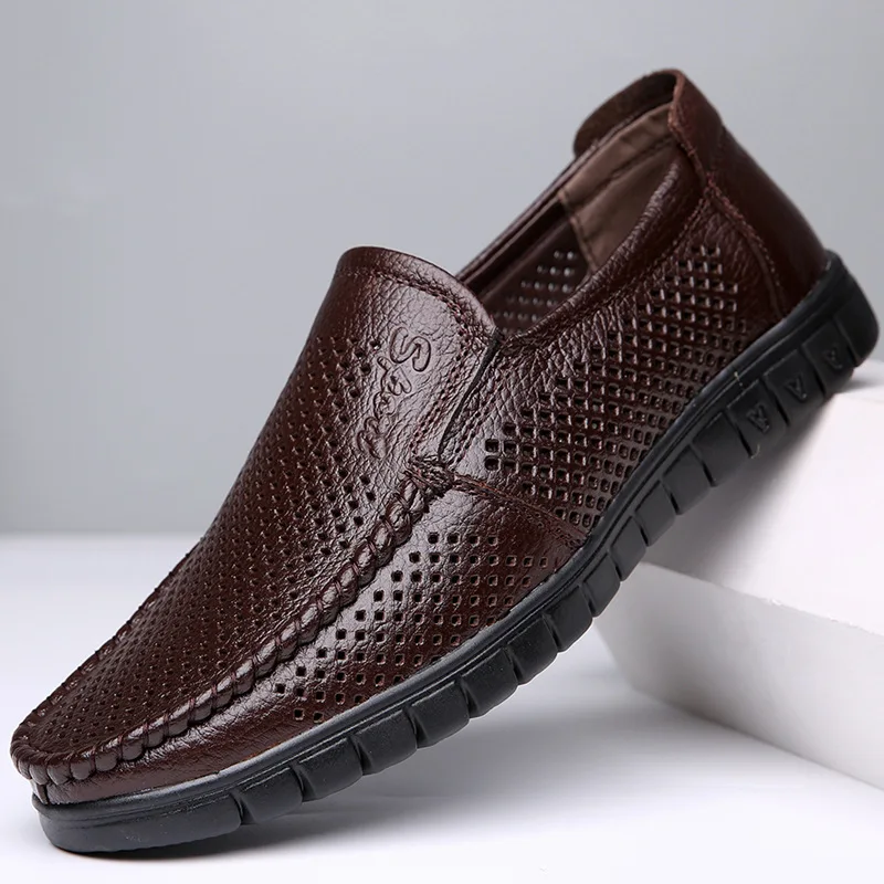AlexBu 2019 New Men Genuine Leather Casual Shoes Man Loafers Comfortable Slip On Leather Shoe Mesh Breathable Brand DropShipping