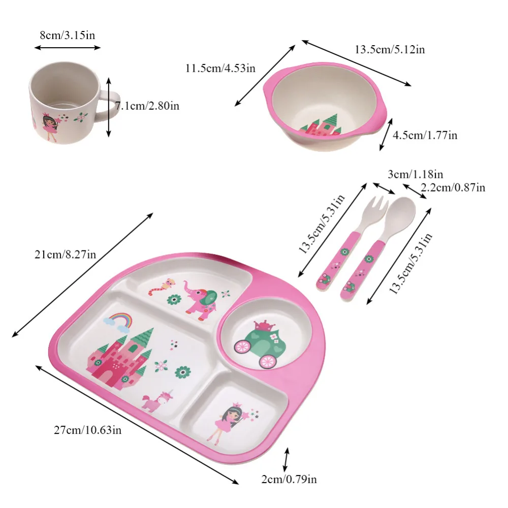ESTINK, 5 шт./лот, экологичный Детский комплект посуды, чаша с чашкой и ложкой, тарелка из бамбукового волокна, тарелка для кормления детей, посуда