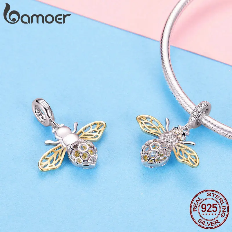 BAMOER, натуральная 925 пробы, серебро, прозрачный циркон, пчела, подвески, насекомое, подвеска, подходят для оригинальных браслетов и ожерелья, ювелирные изделия SCC1125