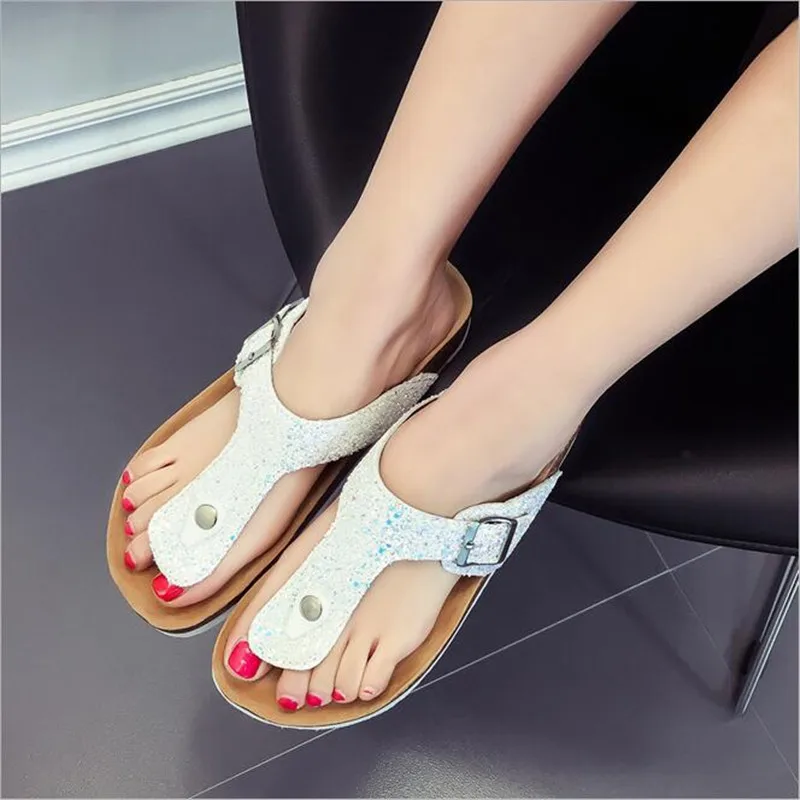 

2018 New Summer Beach Cork Slippers Casual Double Buckle Clogs Slides Women Slip on Bling Sandals Shoe Plus Size 35-41