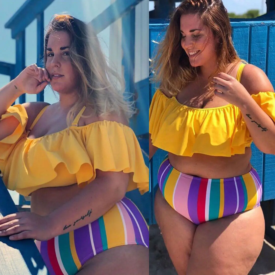 

Plus Size S-3XL Women High Waist Bikini Set Ruffles Off Shoulder Tops Striped Shorts Swimwear Swimsuit Bathing Suit Beach