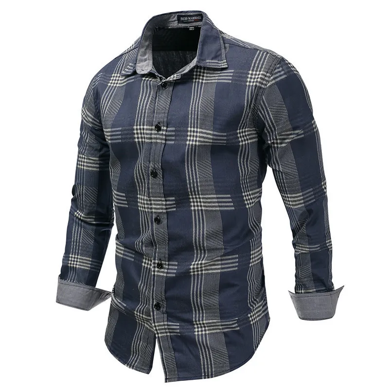 Business Style Men Plaid Shirt Navy Blue Button-Down Slim Fit Cotton Turn-down Collar 2019 Spring New Long Sleeve Man Clothing