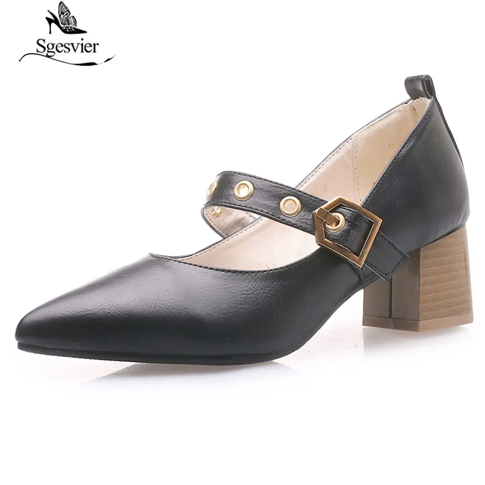 

SGESVIER Size 32-46 Shoes Women Thick Heels Pointed Toe Pumps Women Shallow Slip On Buckle Shoes Women Party Footwear G145