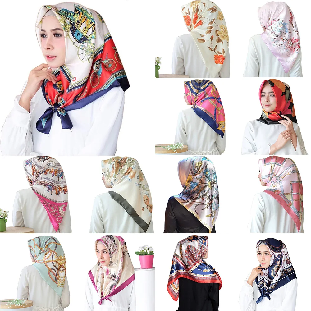 

Fashion Women's Floral Print Leopard Satin Square Head Scarves Shawls 90*90cm Large Silky Muslim Hijab Bandana Scarf Head Wrap