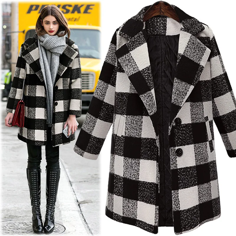 Queechalle Black Plaid Coats Autumn Winter Cotton padded Thick Warm