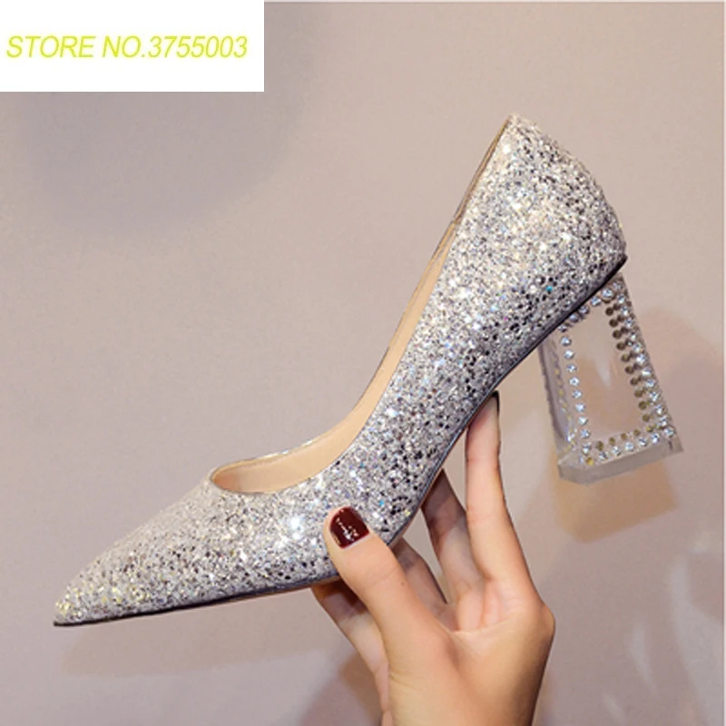 

Sexy Women Bling sequins Crystal Decor Lucency Chunky heels Wedding Pumps Silver Glitter Ladies Bridal Single Dress shoes