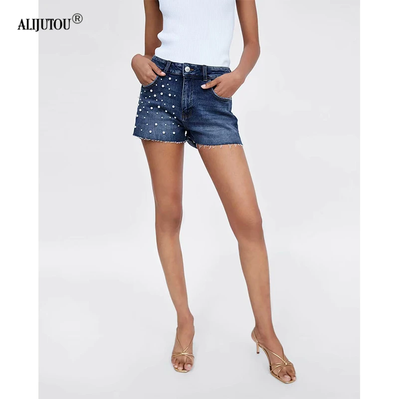zaraing Women's mid Waist Denim Shorts 2019 Peals Beaded Ripped Jeans Shorts Fashion Brand Sexy Hot Femme Casual Denim Shorts