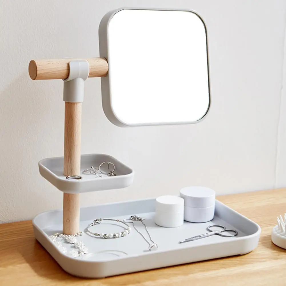 

Desktop Plastic Makeup Organizers Wooden Storage with 360 Degree Rotating Mirror Cosmetic Storage