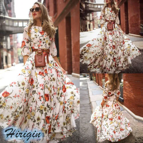 

Summer Dresses 2019 New Women's Summer Boho Floral Long Dress Half Sleeve O-Neck Elastic High Waist Loose Print Dress