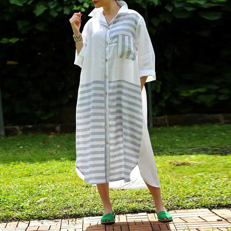 VONDA Women Cotton Mid-calf Dress 2018 Autumn Spring Casual Lapel Long Sleeve Pockets Striped Splice Asymmetric Split Vestidos