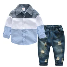 Новые детские штаны с рубашкой для детей, комплекты одежды рубашки с длинными рукавами+ джинсы, комплект из 2 предметов, модная одежда для мальчиков, YO41B
