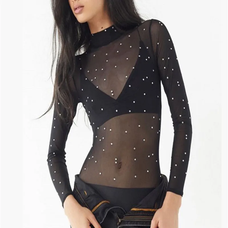 

Women Mesh Perspective Bamboo Leaf Long Sleeve Casual Rompers Club Jumpsuit