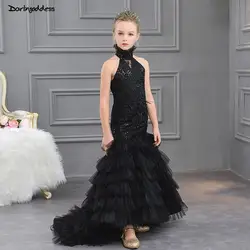 Черный Цветочное платье девушки для свадьбы платье для первого причастия для девочек Детские бальные платья русалки дети платья для