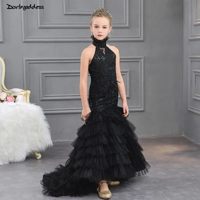

Black Flower Girl Dresse for Weddings First Communion Dresses for Girls Kids Mermaid Evening Gowns Children Prom Dresses 2019