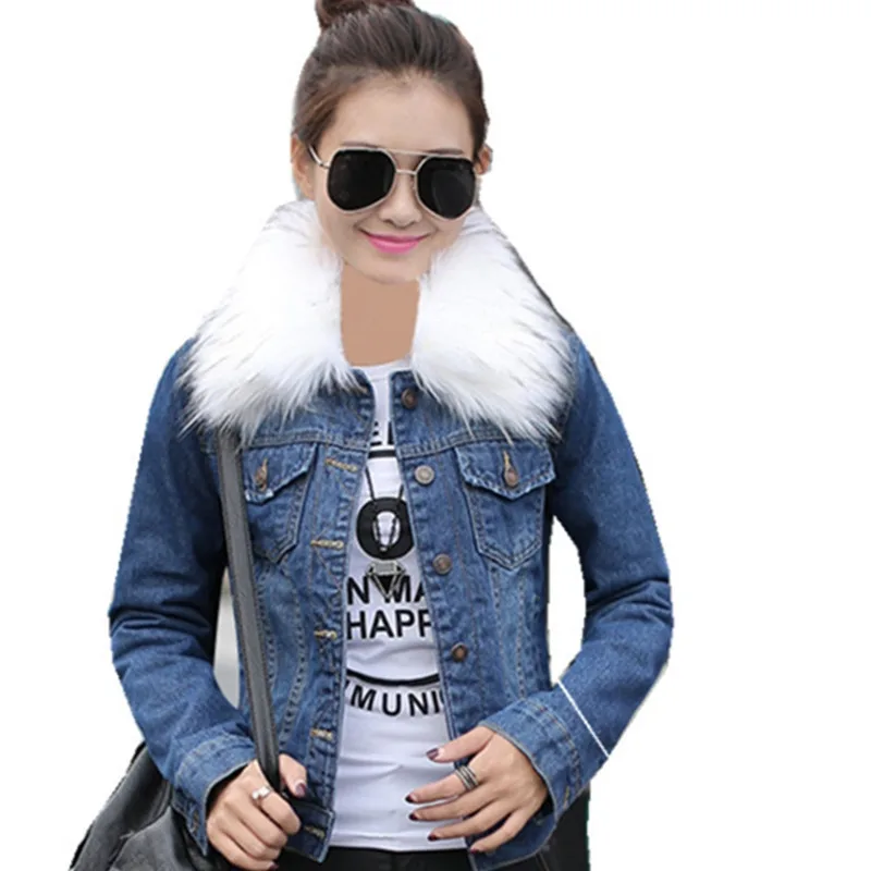 Best New Denim Jacket Fur Collar Warm Parka Winter Basic Bomber Jean Coat Women Lamb Fur Padded Outwear