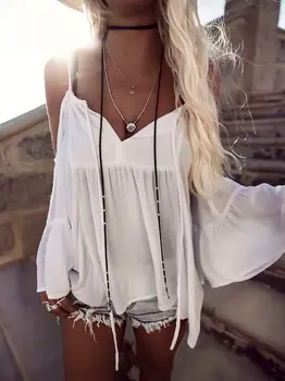 

Fashion Women Summer Sexy Strapless Loose Bobo Off Shoulder Shirt Tops Blouse Ladies Spaghetti Strap Long Flare Sleeve Blouses
