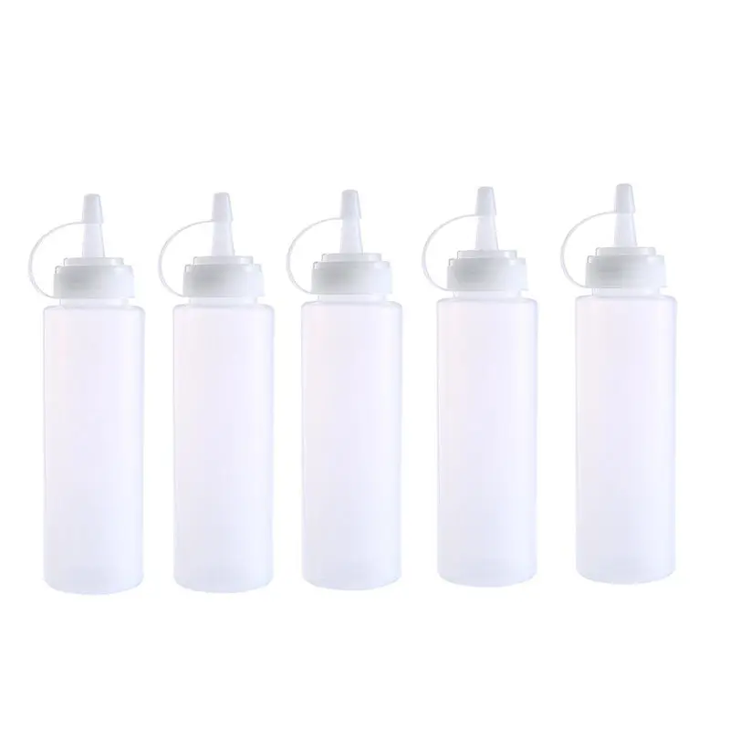 

A set of 5 sizes 8 oz plastic Squeeze sauce bottle for homemade ketchup and restaurant, mustard, mayonnaise