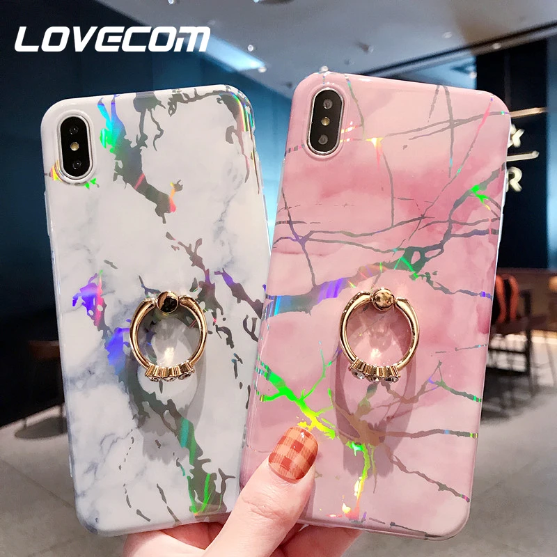 

LOVECOM Luxury Laser Marble With Finger Ring Case For iPhone XS Max XR X 6 6S 7 8 Plus Colrful Soft IMD Phone Back Cover Gift