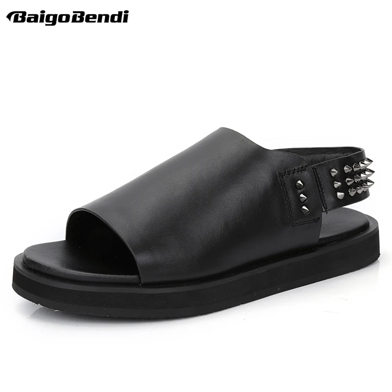 

US 6-10 Man Fashion Real Leather Summer Roman Sandals Men's Fashion Open-Toed Rivet Sandals Thick-soled Beach Shoes