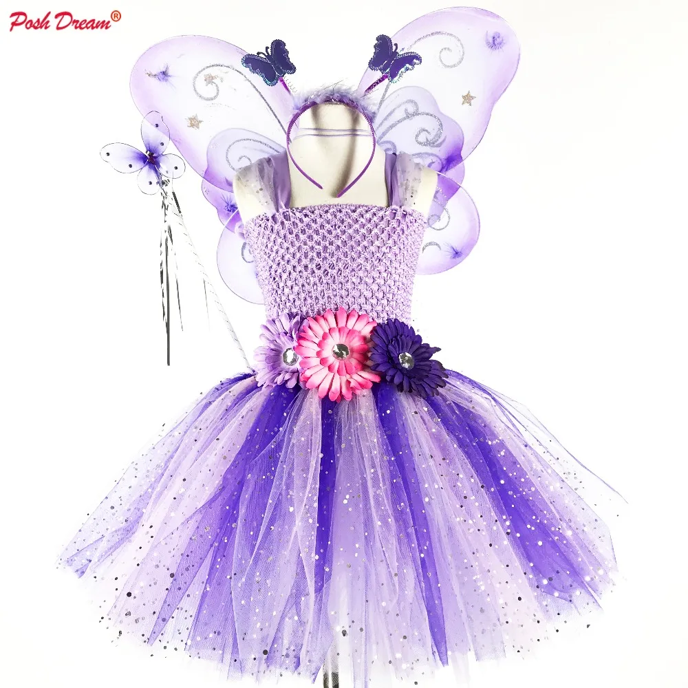 POSH DREAM Fairy Lavender Kids Girls Clothes for Cosplay Party with Wings Headwear Flower Baby Thinker Bell Costume | Детская одежда и