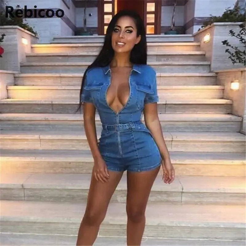 Denim Jumpsuit Women Short Sleeve Turn Down Collar Playsuits Shorts Jeans Rompers with Belt Streetwear Denim Jumpsuit Women Short Sleeve Turn Down Collar Playsuits Shorts Jeans Rompers with Belt Streetwear