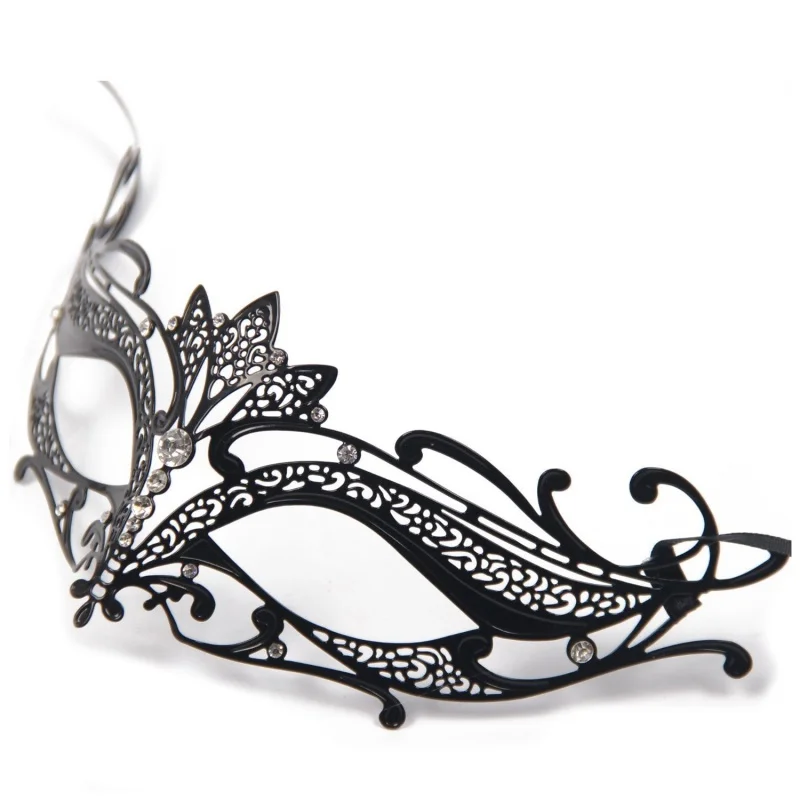 

Glossy Crown Masquerade Venetian Filigree Phantom Metal Mask Black