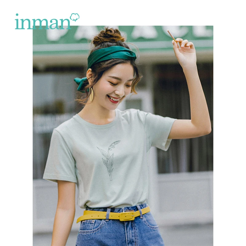 

INMAN 2019 Summer New Arrival Elastic Cotton O-neck Short Sleeve Pretty Print Literary Women T-shirt