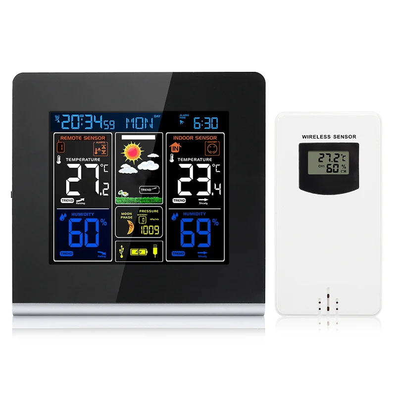 

Wireless In/Outdoor Weather Station Temperature Humidity Colorful LCD Display With Barometer Weather Forecast RCC Alarm Clock