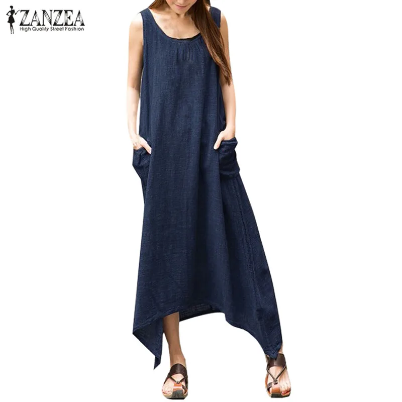 

Plus Size Linen Dress Women's Sundress ZANZEA 2019 Summer Casual Maxi Dress Kaftan Asymmetrical Sarafans Vestidos Robe Femme 5XL
