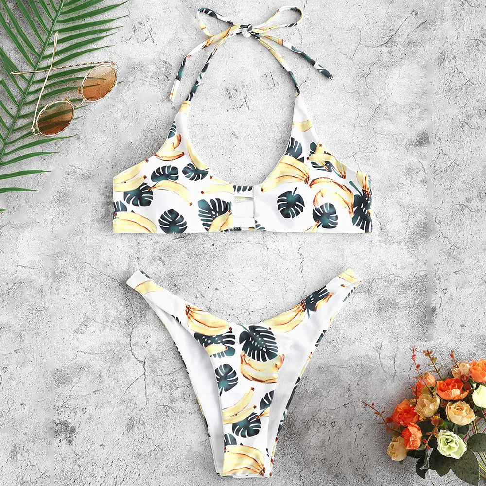 

Halter Banana Print High Cut Bikini Set Women's Pretty Swimsuit Swimwear