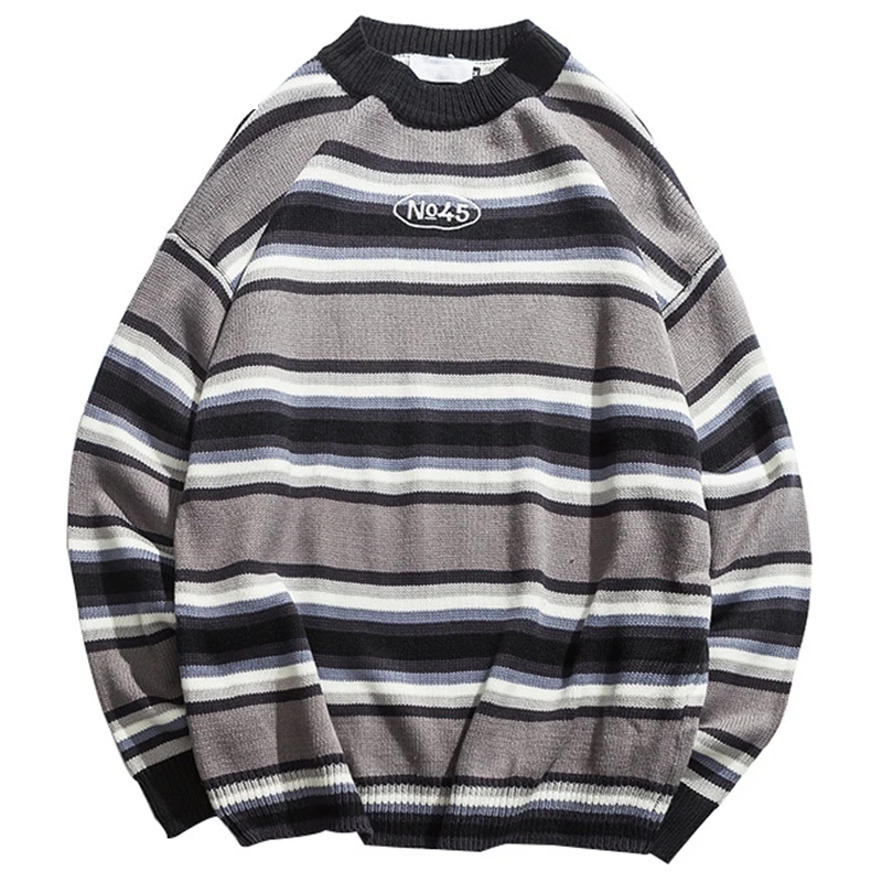 

Harajuku Mens Striped O-neck Knitted Men Sweaters Embroidery Autumn Hip Hop Pullover Streetwear Male Loose Clothing 2019 Q0319