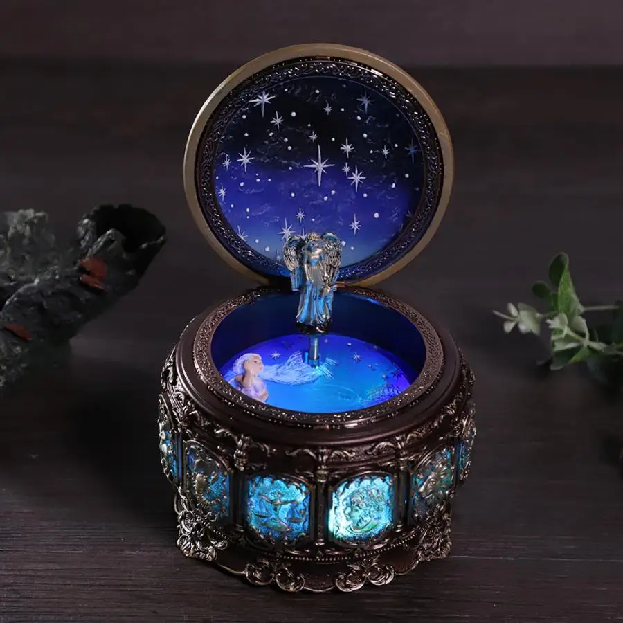 

Bronze Vintage Music Box with 12 Constellations Rotating Goddess Twinkling LED Light for Birthday Gifts