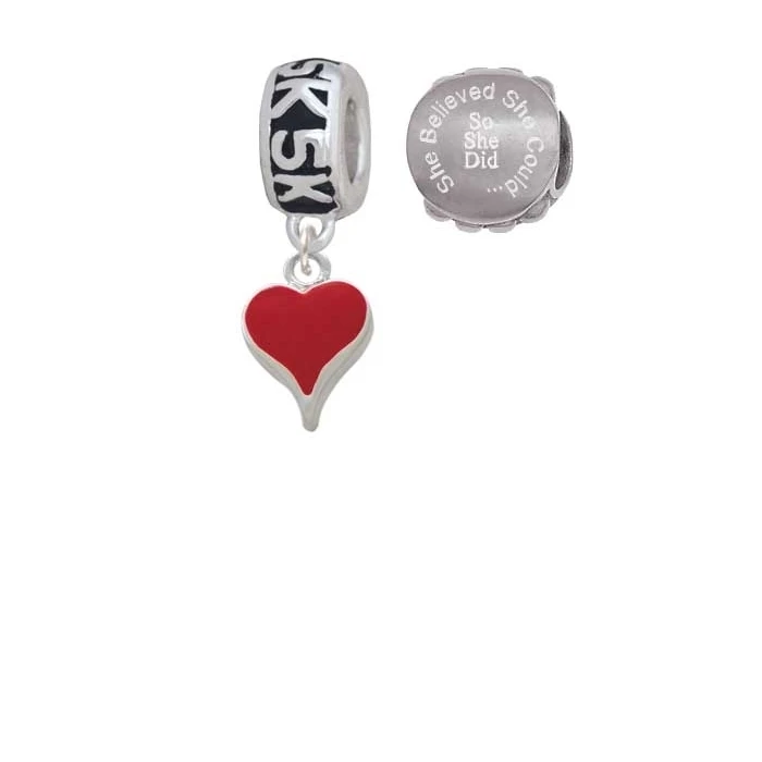 Silvertone Small Long Red Heart 5K Run She Believed Could Charm Beads (Set of 2) |