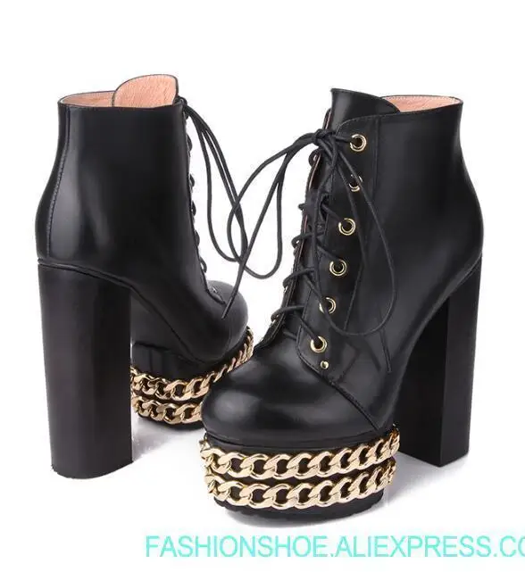 

sexy woman gold chain high chunky heel platform boots cow Leather punk style cool woman lace up chain ankle boots platform boots