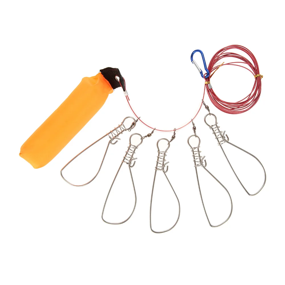 Stainless Steel Fishing Stringer Fish Lock 5 Snaps Lanyard Rope Cord