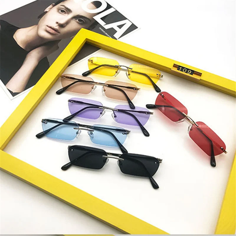 Прямоугольные солнцезащитные очки без оправы es Женские винтажные брендовые дизайнерские солнцезащитные очки «кошачий глаз» мужские ретро маленькие желтые очки UV400