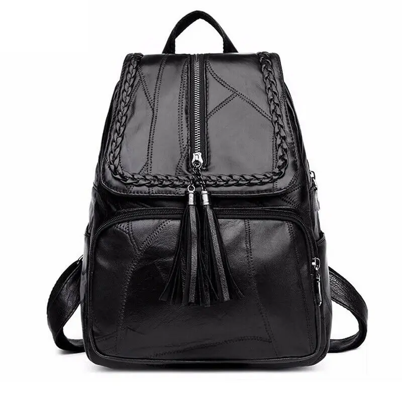  2019 Women's PU leather backpack School bag classic black waterproof travel multi-function Shoulder - 32995442543