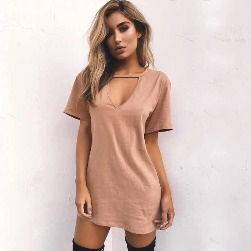 

2019 Summer Women Dress Solid Color Fashion Short Sleeve Female V Neck Mini Dresses 11 Colors Hollow Femme Clothing Streetwear
