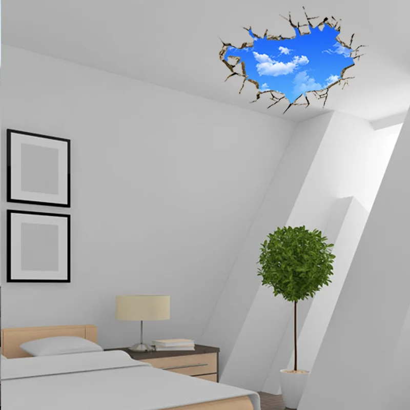 New 3d Crack Blue Sky White Cloud Ceiling Decor Wall Sticker Mural