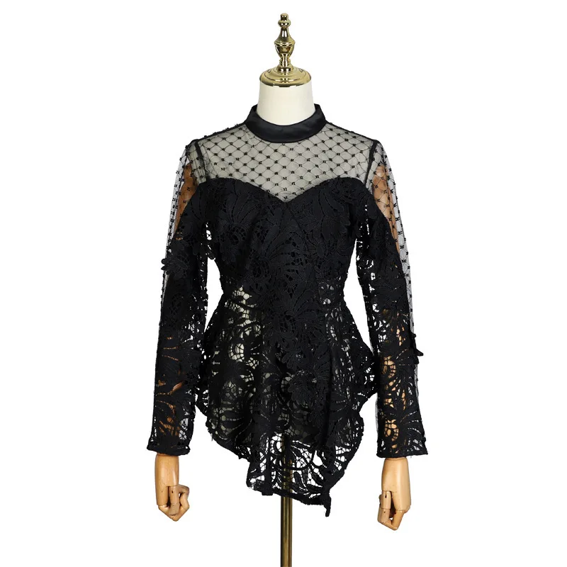 

[MENKAY] Transparent Mesh Beading Lace Hollow Out Flowers Long Sleeve Ladies Tops Women 2019 New Spring Summer Fashion Clothing