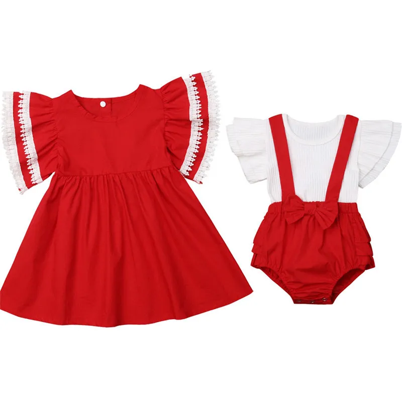 Christmas Clothing Sister Matching Outfits Xmas Kid Baby Girl Clothes Set Red Ruffle Sleeve Dress Top Bib Pants Girls Outfit