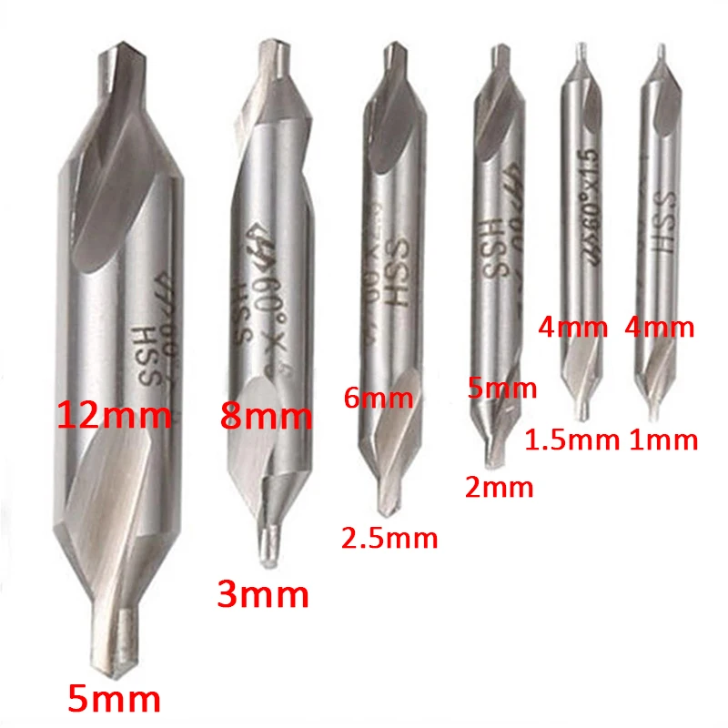 6Pcs HSS Center Drill Bits Set Combined Countersinks Kit 60 Degree Angle 5/3/2.5/2/1.5/1mm Drilling Cutting Tools Mayitr
