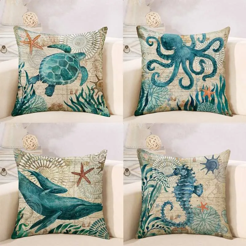 

New Arrival Linen Sea Turtle Printed Cushion Cover Marine Ocean Sea Horse Octopus Home Decor Sofa Pillowcase