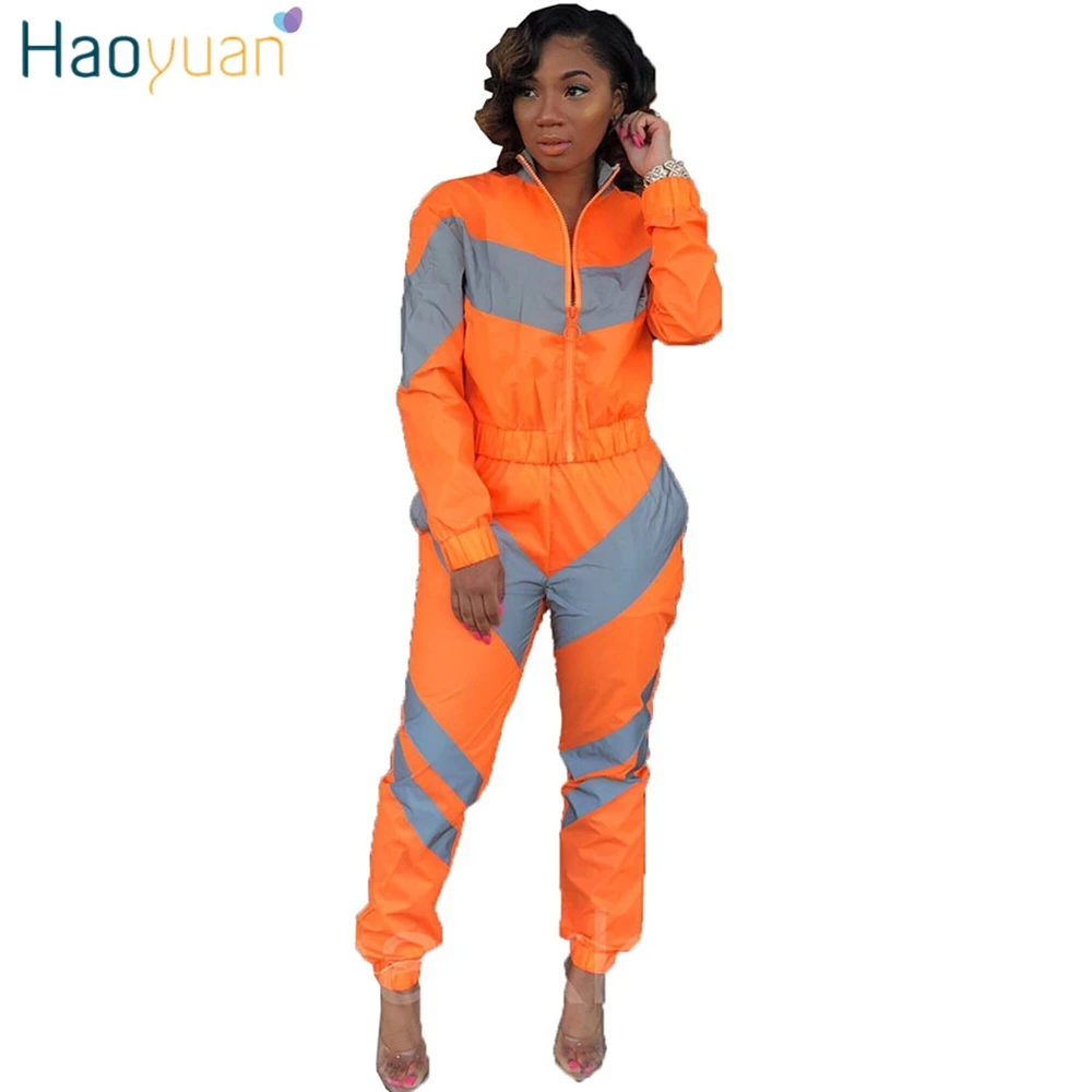 

HAOYUAN Reflective Two Piece Set Tracksuit Women Rave Festival Neon Green Top+Pant Sweat Suit Sexy Club Outfits Matching Sets