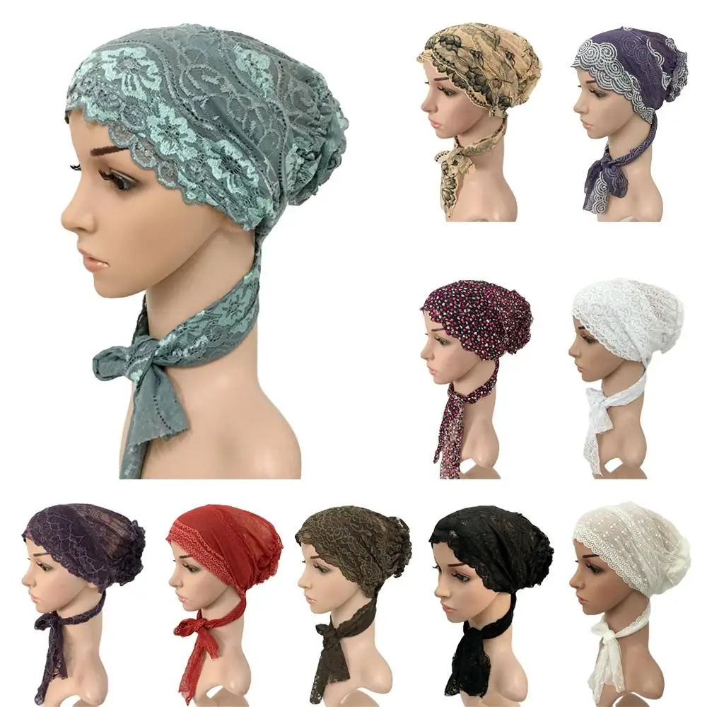 

Women Hat Muslim Hijab Floral Lace Stretch Turban Cap Islam Arab Beanies Chemo Hat Headwear Hijab Hat Long Tail Ramadan New Cap
